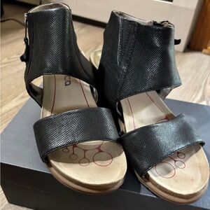 Bionica Black Leather Wedge Sandals and Contoured Footbed